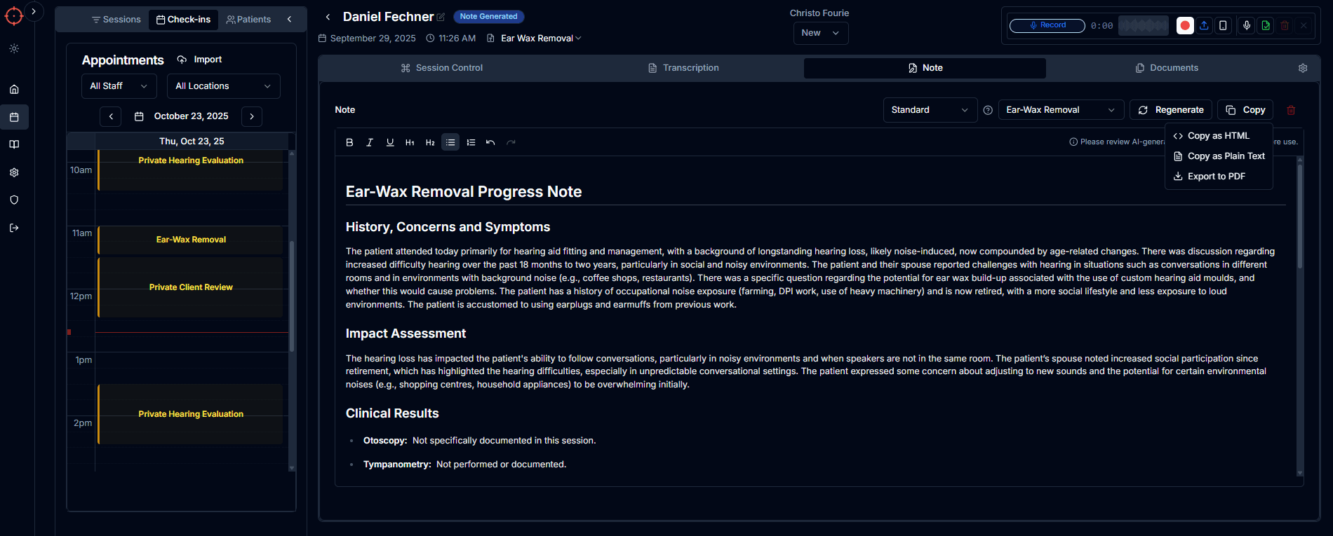 AudZone AI Scribe Interface - Calendar integration with automated clinical note generation