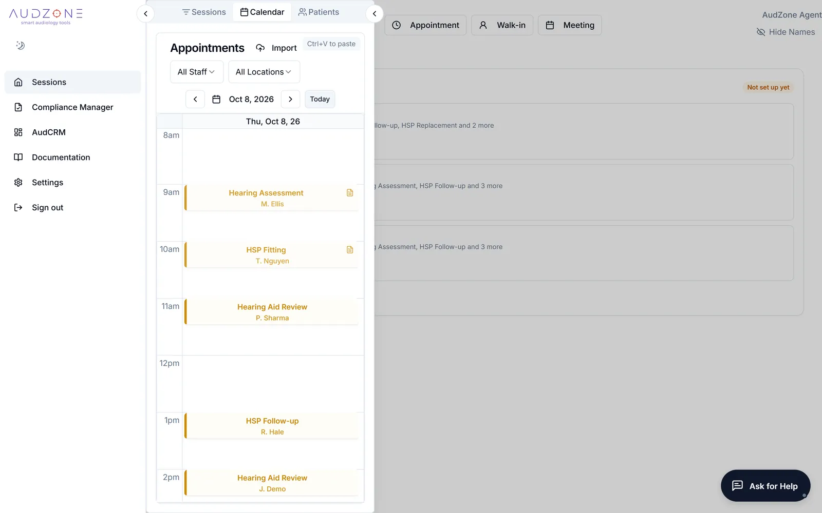 The day's appointments on the Calendar tab, with made-up clients