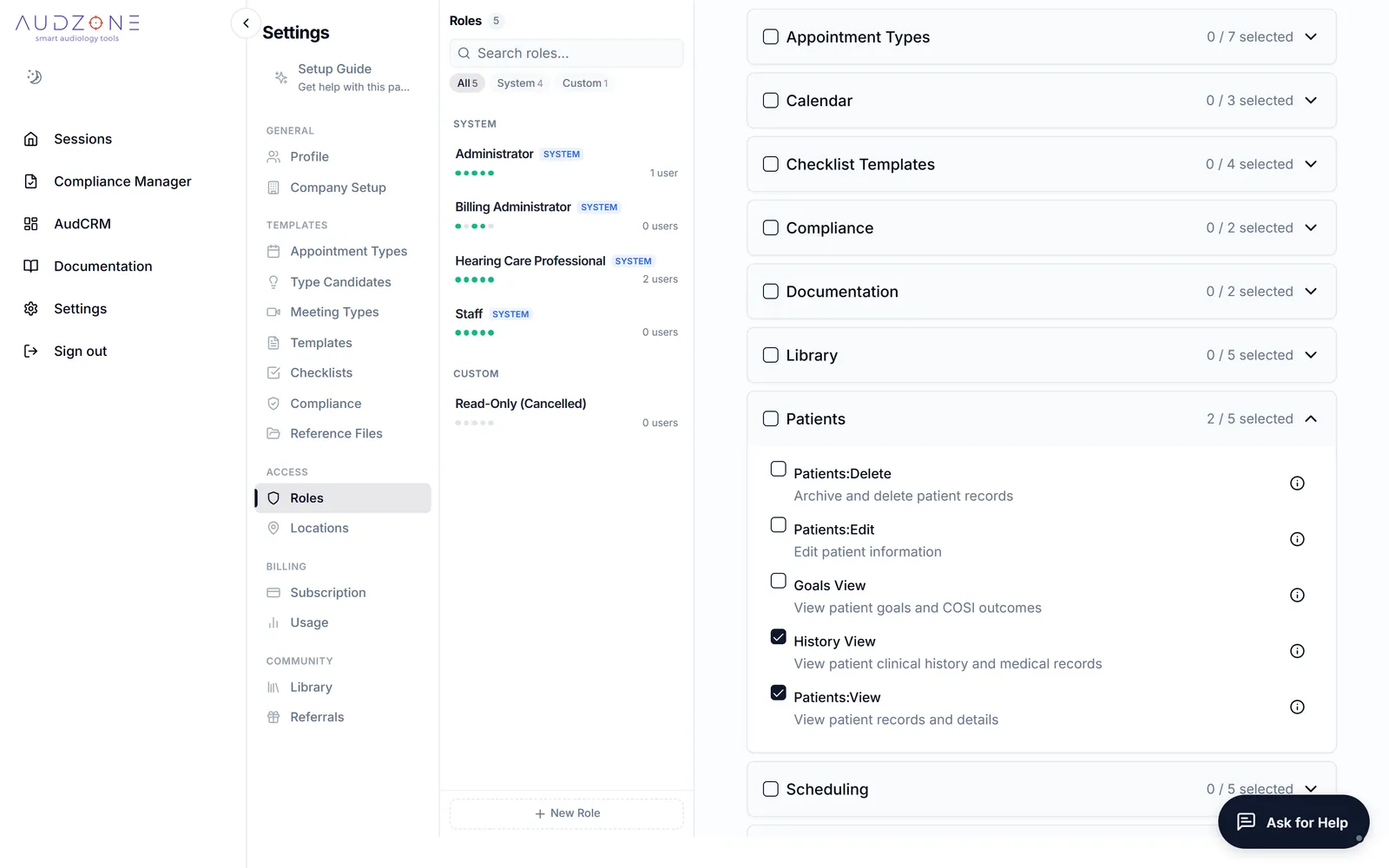 Permissions for a custom role