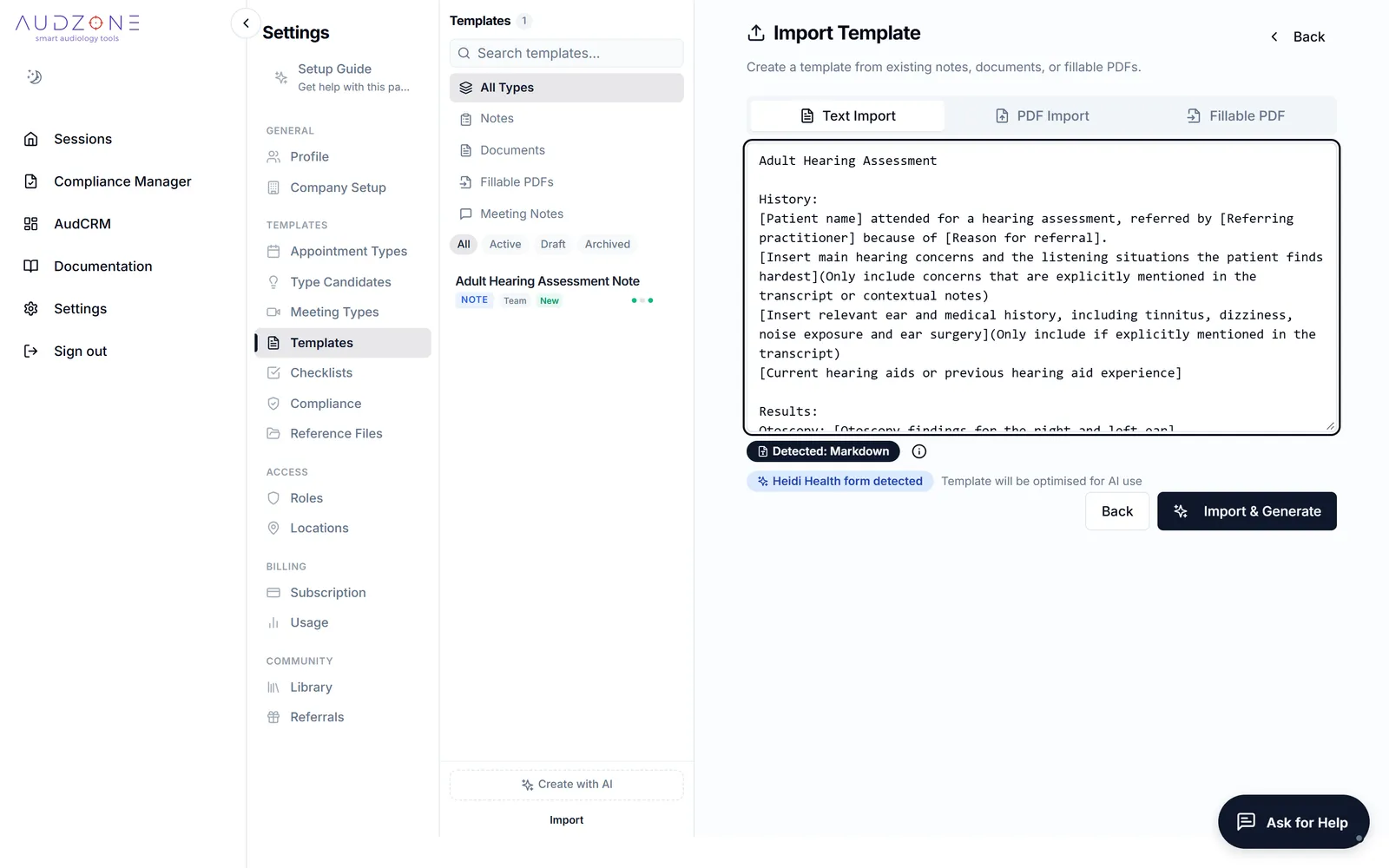 Importing a template